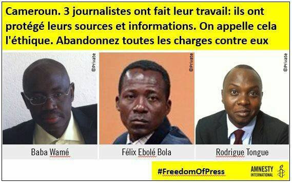 Les journalistes Baba Wame, Rodrigue Ndeutchoua Tongue et Félix Cyriaque Ebolé Bola